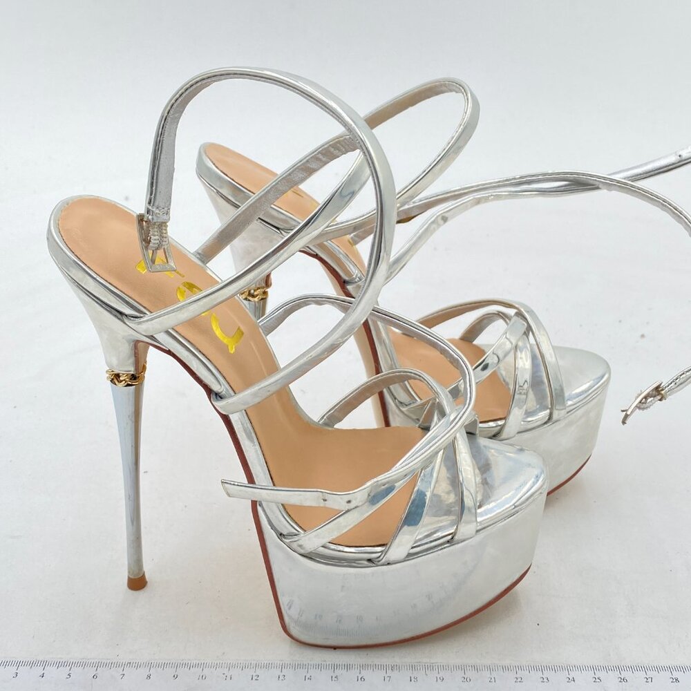FSJ Sliver Sexy Strappy Open Toe Platform Ankle Strap High Metallic Heel Sandals - Picture 4 of 8